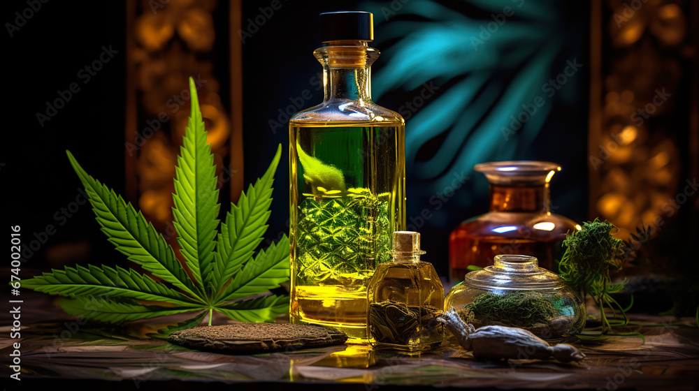cannabis oil on wooden surface with green leaves cannabis oil on wooden surface with green leaves