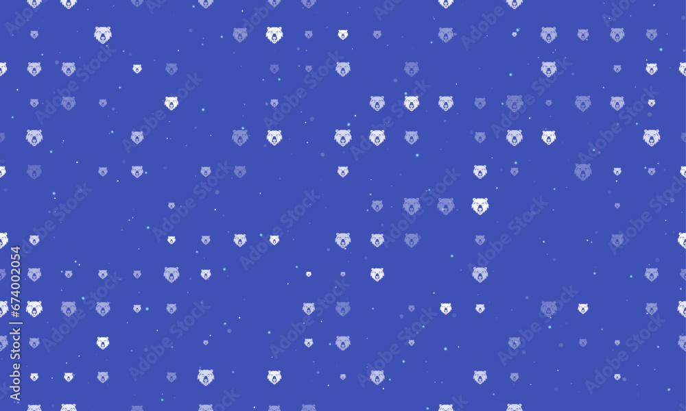 Seamless background pattern of evenly spaced white bear head symbols of different sizes and opacity. Vector illustration on indigo background with stars