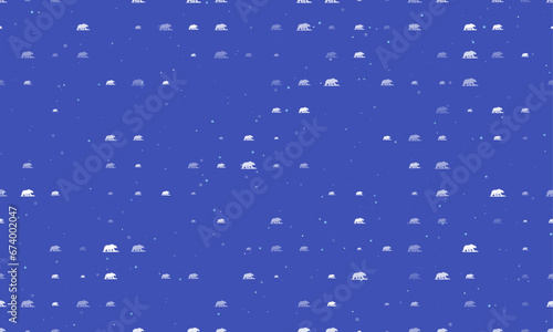 Seamless background pattern of evenly spaced white wild bear symbols of different sizes and opacity. Vector illustration on indigo background with stars