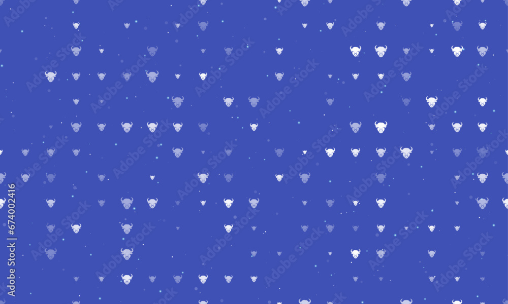 Seamless background pattern of evenly spaced white buffalo heads of different sizes and opacity. Vector illustration on indigo background with stars
