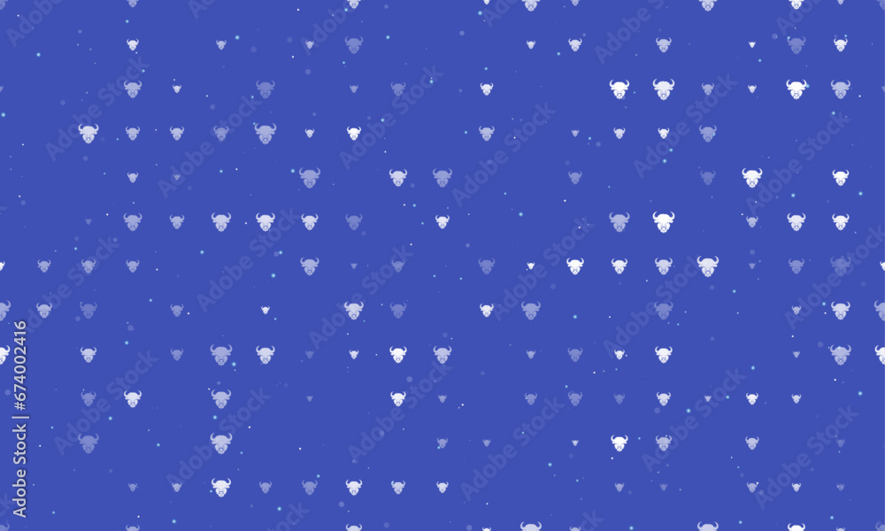 Seamless background pattern of evenly spaced white buffalo heads of different sizes and opacity. Vector illustration on indigo background with stars Seamless background pattern of evenly spaced white buffalo heads of different sizes and opacity. Vector illustration on indigo background with stars