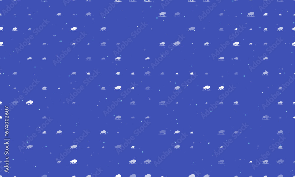 Seamless background pattern of evenly spaced white wild buffalos of different sizes and opacity. Vector illustration on indigo background with stars
