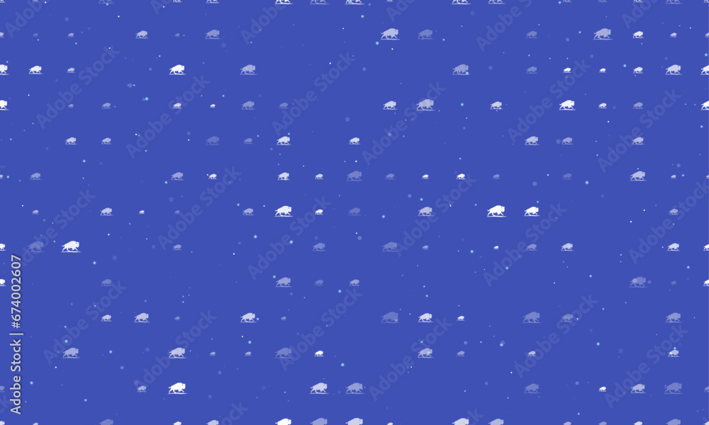 Seamless background pattern of evenly spaced white wild buffalos of different sizes and opacity. Vector illustration on indigo background with stars Seamless background pattern of evenly spaced white wild buffalos of different sizes and opacity. Vector illustration on indigo background with stars
