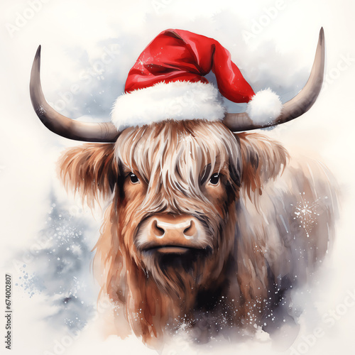 Christmas highland cow wearing Santa's hat