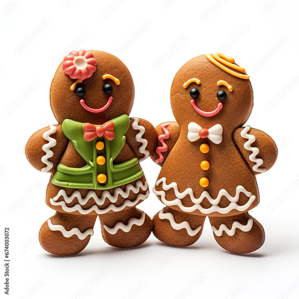 gingerbread man and woman couple christmas decoration cookie icing on white background