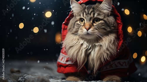 Norwegian forest cat in a Santa Claus costume and beard photography, blurred lights background. Merry Christmas! Norwegian forest. Horizontal banking poster background for ad. Photo AI Generated