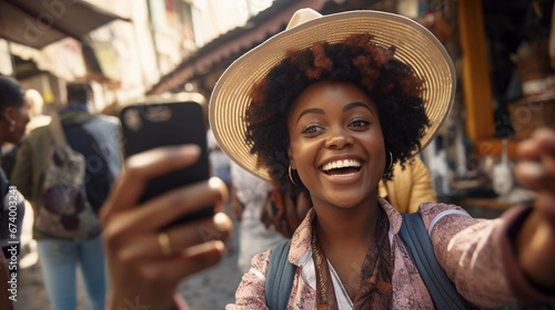 Happy beautiful african american ethnicity woman tourist with hat taking selfie in old town in Europe Italy, Rome. © Billijs