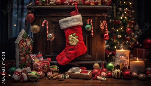 Photo of a Festive Christmas Stocking Overflowing With Candy Canes and Ornaments