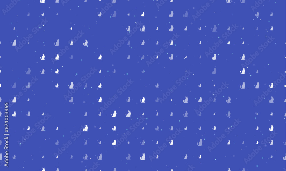 Seamless background pattern of evenly spaced white cat icons of different sizes and opacity. Vector illustration on indigo background with stars