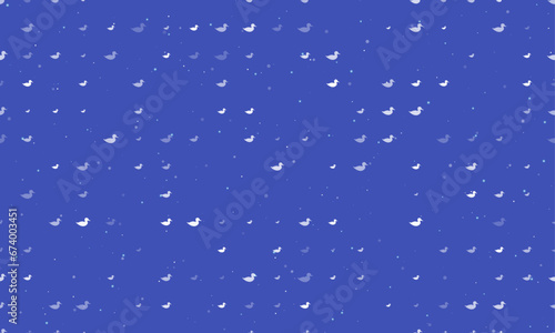 Seamless background pattern of evenly spaced white duck symbols of different sizes and opacity. Vector illustration on indigo background with stars