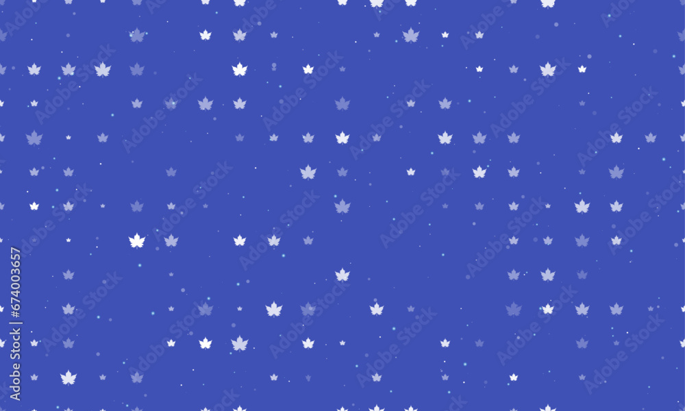 Seamless background pattern of evenly spaced white maple leaf symbols of different sizes and opacity. Vector illustration on indigo background with stars Seamless background pattern of evenly spaced white maple leaf symbols of different sizes and opacity. Vector illustration on indigo background with stars