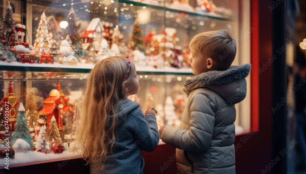 Photo of Two Excited Children Admiring Festive Christmas Decorations