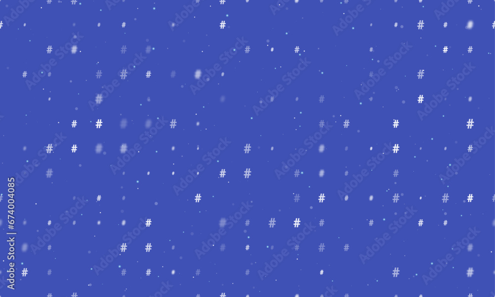 Seamless background pattern of evenly spaced white hash symbols of different sizes and opacity. Vector illustration on indigo background with stars Seamless background pattern of evenly spaced white hash symbols of different sizes and opacity. Vector illustration on indigo background with stars