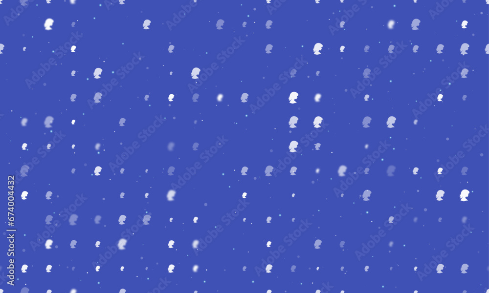 Seamless background pattern of evenly spaced white woman face profile symbols of different sizes and opacity. Vector illustration on indigo background with stars Seamless background pattern of evenly spaced white woman face profile symbols of different sizes and opacity. Vector illustration on indigo background with stars