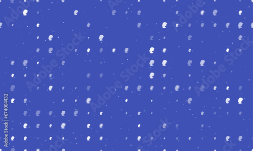 Seamless background pattern of evenly spaced white woman face profile symbols of different sizes and opacity. Vector illustration on indigo background with stars