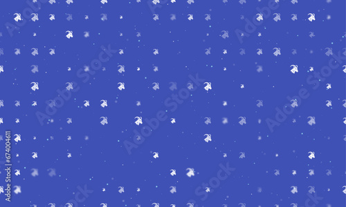 Seamless background pattern of evenly spaced white goat's head symbols of different sizes and opacity. Vector illustration on indigo background with stars