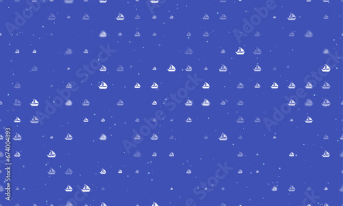 Seamless background pattern of evenly spaced white sailing boat symbols of different sizes and opacity. Vector illustration on indigo background with stars