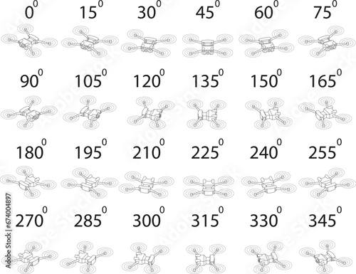 A set of 24 drones from different angles. Rotation of the drone in outline by 15 degrees for animation.  