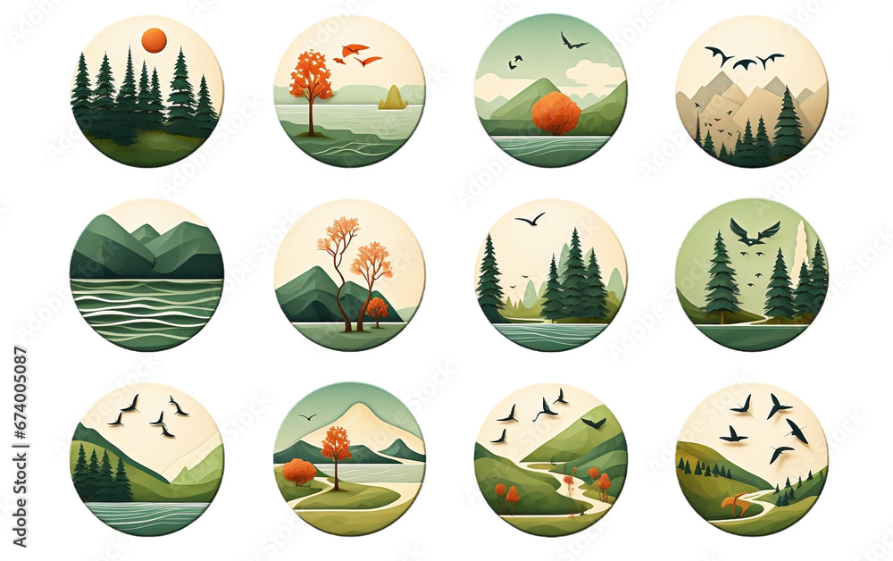 Set of Vector Symbols with Nature-Inspired Icons isolated on transparent background.