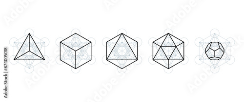 Platonic solids extracted from Metatrons cube. Regular polyhedrons contained in a mystical symbol, that is derived from the Flower of Life. Tetrahedron, cube, octahedron, icosahedron and dodecahedron.