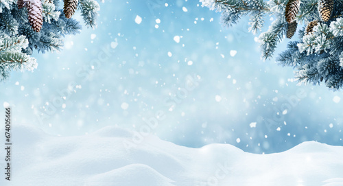 Winter Christmas background with fir tree branch and cones