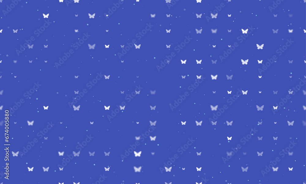 Seamless background pattern of evenly spaced white butterfly symbols of different sizes and opacity. Vector illustration on indigo background with stars