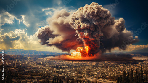 A war scene and the explosion of a bomb falling in the middle of the city. Middle eastern city and building style. Smoke and flames over city. War scene, 3D illustration 