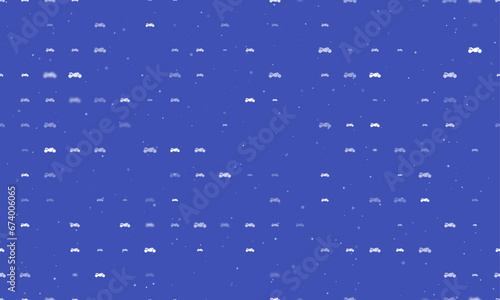 Seamless background pattern of evenly spaced white bike symbols of different sizes and opacity. Vector illustration on indigo background with stars