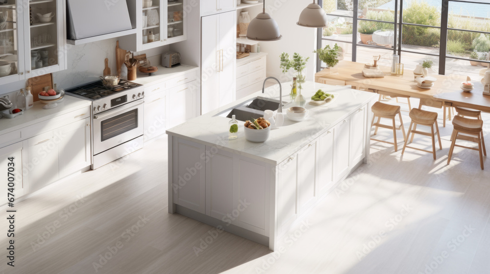 Aerial view of a bright and airy kitchen with white cabinets and a center island and a marble countertop Aerial view of a bright and airy kitchen with white cabinets and a center island and a marble countertop