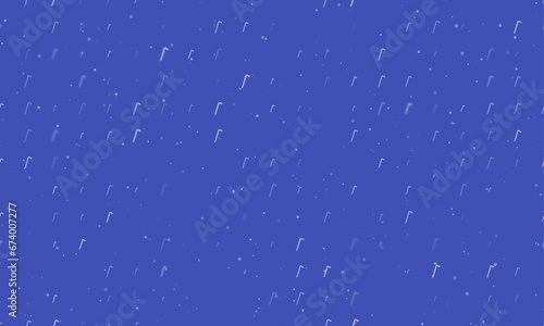 Seamless background pattern of evenly spaced white crowbar symbols of different sizes and opacity. Vector illustration on indigo background with stars