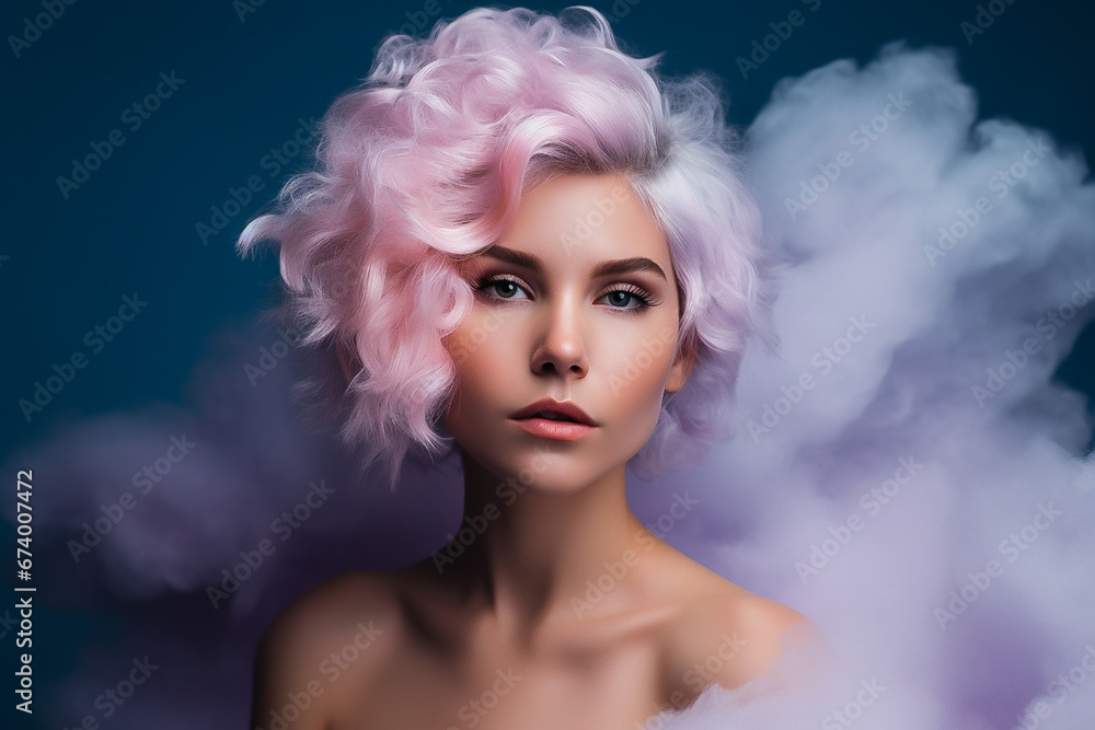 Feng portrait of a girl with cotton wool hair in the studio, creative hair styling, pastel colors