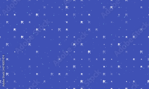 Seamless background pattern of evenly spaced white combat robots of different sizes and opacity. Vector illustration on indigo background with stars