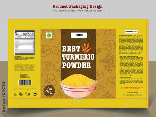 Turmeric powder Packaging, Turmeric label, box & pack, spicy masala, label and packing, packaging design, print ready file, vector label 