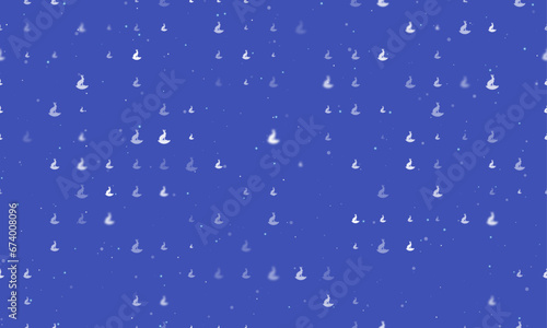 Seamless background pattern of evenly spaced white hare symbols of different sizes and opacity. Vector illustration on indigo background with stars