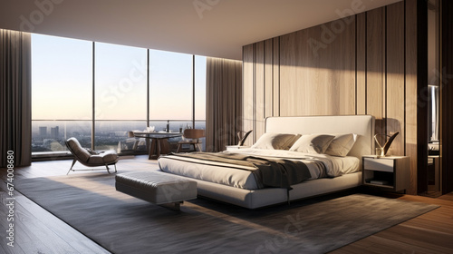 Aerial view of a luxurious contemporary bedroom with a king-sized bed and a large window © Textures & Patterns
