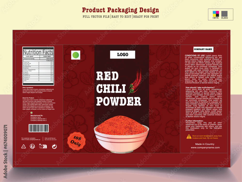 Red Chili Packaging, Chili label, box & pack, spicy masala, label and