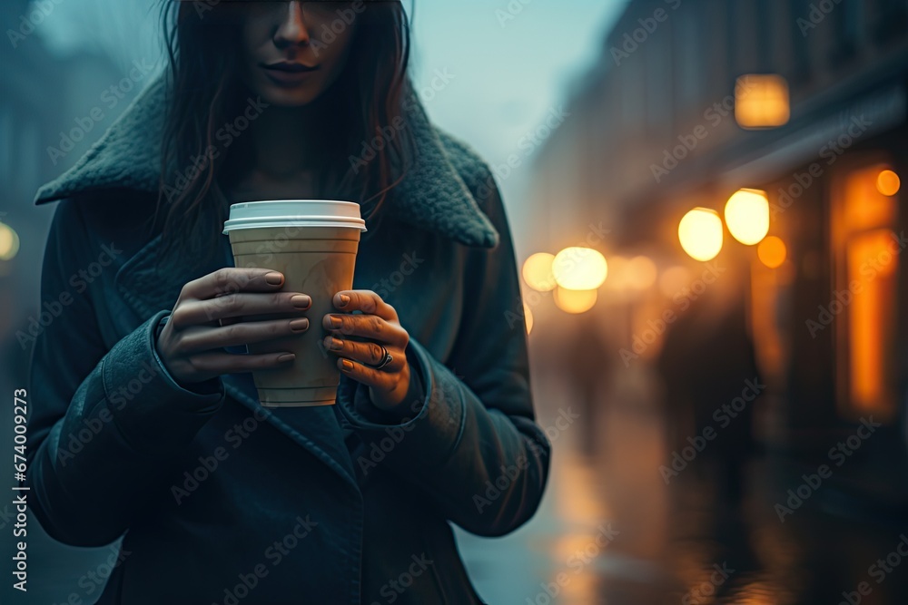 woman holding coffee cup in fog city Generative AI woman holding coffee cup in fog city Generative AI