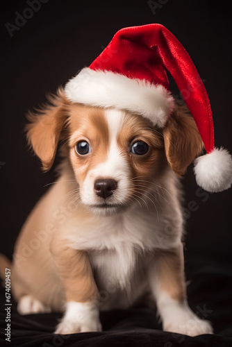 Small red and white puppy in Santa Claus Christmas red hat on black background