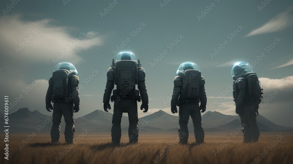 Four Aliens that Landed in a large field checking out their surroundings Four Aliens that Landed in a large field checking out their surroundings