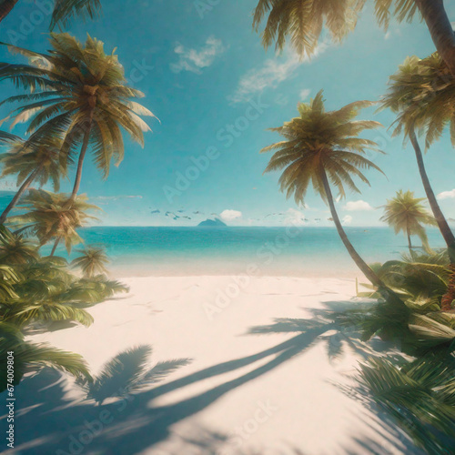 Tropical beach with palm trees and sand on a sunny day