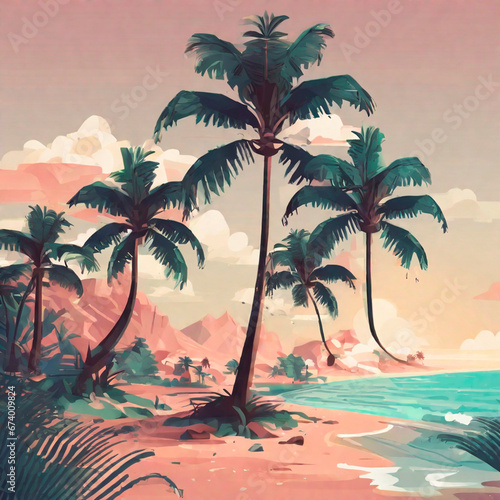 Tropical beach with palm trees. Digital painting, illustration.