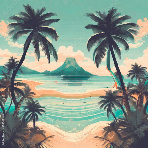 Palm trees on the beach. Vintage painting in retro style.