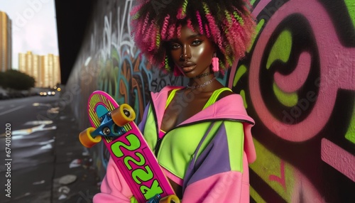 A vibrant woman with magenta locks and a skateboard in hand stands proudly amidst the y2k inspired graffiti, capturing the essence of retro nostalgia and outdoor art in one fluid motion on the bustli