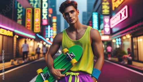 A man dressed in y2k fashion, with a purple shirt and baggy pants, stands in front of a retro building in the city, holding a skateboard and exuding a sense of nostalgia and urban coolness