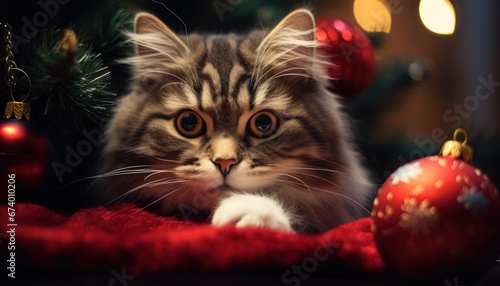 Photo of a Cozy Cat's Christmas Nap on a Festive Red Blanket, Under the Glowing Christmas Tree