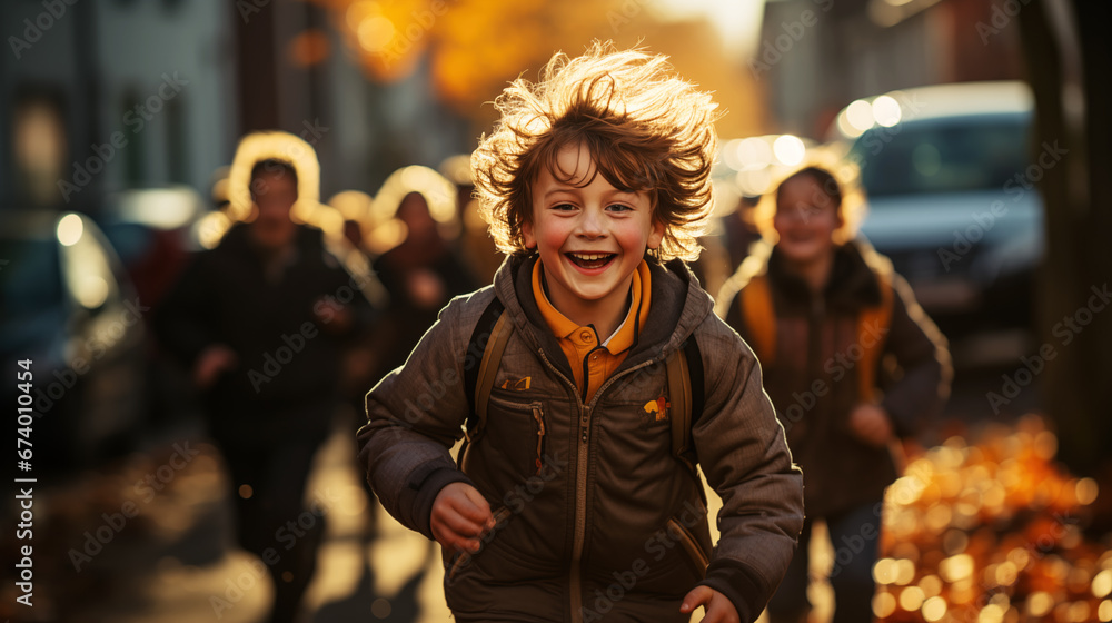 Dynamic photo of a laughing happy running child. The action takes place on a school playground, on a bright autumn day