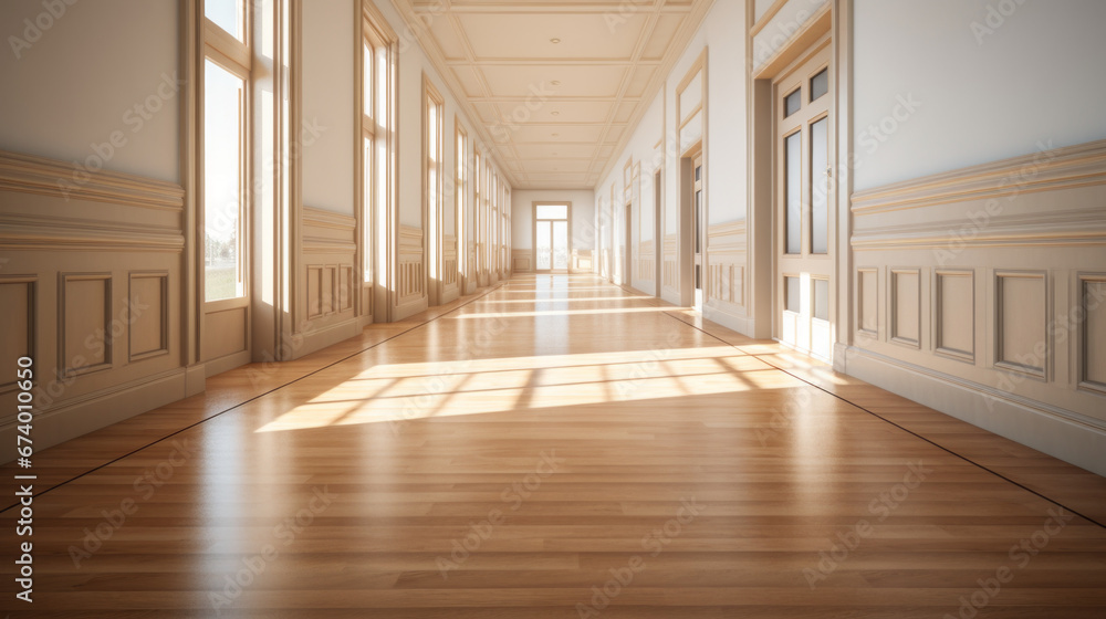 Aerial view of a spacious hallway with a wooden floor and white walls