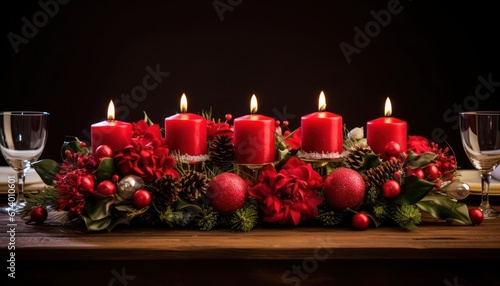 Photo of a Festive Holiday Table Aglow with Candles and Christmas Ornaments