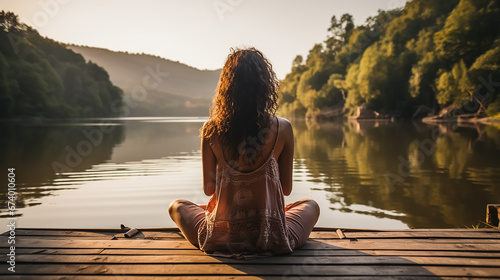 Young woman meditating on a wooden pier on the edge of a lake to improve her mental health. View from back.