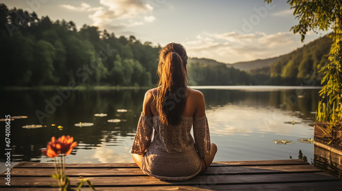Young woman meditating on a wooden pier on the edge of a lake to improve her mental health. View from back.